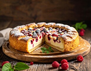 A close-up shot of a fruit tart on a wooden serving board, with a slice cut out, sprinkled with powdered sugar