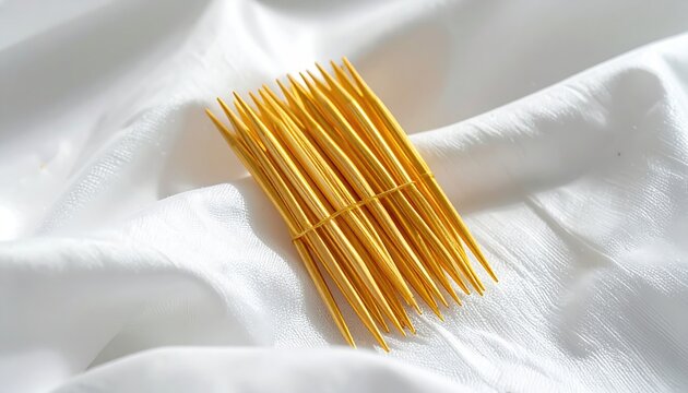 Golden dental picks bundled on white fabric