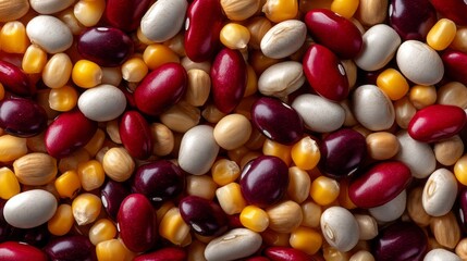 A stunning arrangement of colorful legumes and grains reveals a beautiful blend of shapes and hues