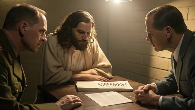A dramatic depiction of Jesus negotiating an agreement with military and political figures. A surreal meeting of faith and worldly power. Conceptual and allegorical scene