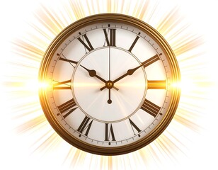 A classical round timepiece with Roman numerals, a golden frame, and a radiant light effect, suggesting concepts of time