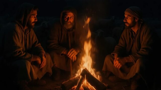 Three biblical shepherds talking around a campfire at night. Ancient historical men in robes telling stories by the fire. Nativity and Christmas story concept