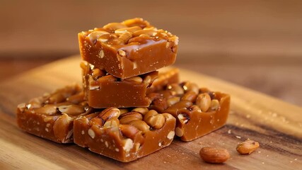 Stacked Peanut Brittle Squares on Board