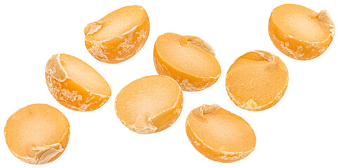 Falling split peas isolated on white background, full depth of field