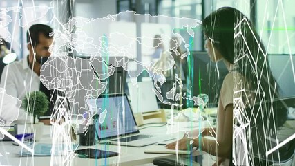Animation of network of connections and world map over african american woman using laptop at office - Powered by Adobe