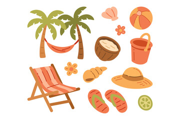 Palm tree, Hammock, Chair, Hat, Sandal, Shell, Bucket, Lime, Coconut, Flower, Ball flat colorful icon set. Tropical beach vacation item cartoon element pack. Coastal leisure accessories illustration.