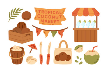 Coconuts, Food stall, Cocktail, Knife, Bucket, Drinks, Bag, Straw, Umbrella flat colorful icons set. Tropical coconut product market cartoon element design pack. Island food stall item illustration