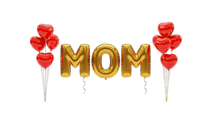 Gold 'MOM' Balloons with Red Heart Balloons
