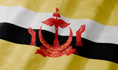 3D render of Brunei Darussalam national flag illustration waving with yellow, black, white colors and red emblem. Full frame background for Brunei independence celebration