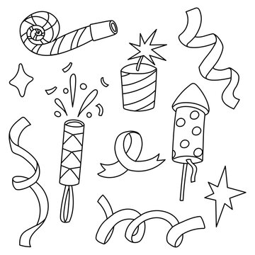 Set of black flat contour party celebration elements, fireworks, rockets, and serpentine streamers. Holiday collection for coloring pages, birthday greeting cards, or festive graphic design
