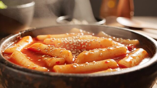 Close up steaming bowl of delicious korean spicy tteokbokki topped with sesame seeds on a wooden table