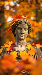 A classical statue, adorned with vibrant autumn leaves, stands against a backdrop of colorful foliage, bathed in warm sunlight