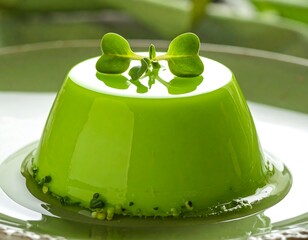 A close-up shot of a glossy, dome-shaped dessert in vibrant green, garnished with small sprouts. The dessert sits on a plate