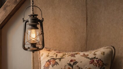 Vintage kerosene lantern hanging above a floral cushion.