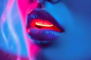 Close up of sensual woman with neon light between lips, illuminated by pink and blue light