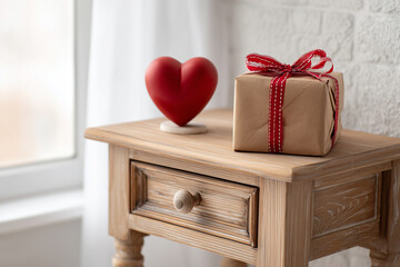 Gift box wrapped in brown paper with red ribbon and heart sculpture on wooden side table, romantic surprise for Valentine's Day or anniversary celebration at home.