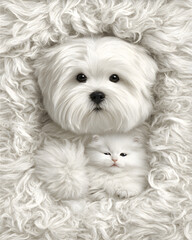 Adorable dog and cat snuggling together in a cozy home environment