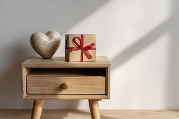 Gift box with red ribbon and heart shaped ceramic decor on a wooden bedside table in a bright minimalist room, concept of love and surprise for Valentine's day or birthday celebration