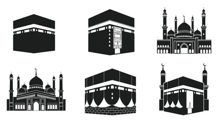 Black illustrations of various mosque and kaaba structures white with islamic and architecture and graphic Silhouette vector on whit Background