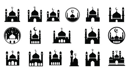 Collection of mosque silhouettes with crescent moon white white with islamic and architecture and religion Silhouette vector on whit Background