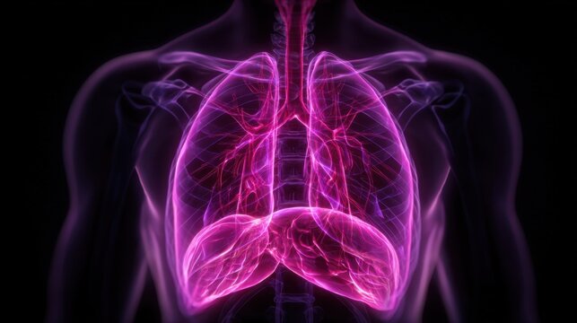 Conceptual medical graphic highlighting the structural abnormality of a hiatal hernia featuring the stomach domes intrusion into the chest outlined in neon magenta.