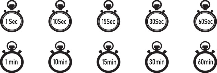 Minimalist Stopwatch Icon Set . 10 Time Duration Symbols from Seconds to Minutes for UI, Fitness, and Productivity Apps