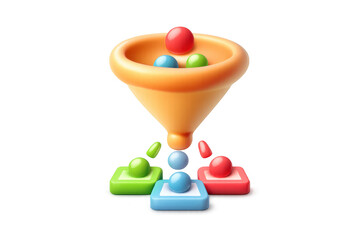 Funnel icon with colorful spheres and buttons for technology and business concepts