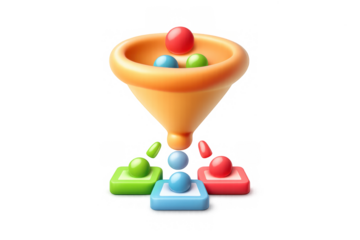 Funnel icon with colorful spheres and buttons for technology and business concepts