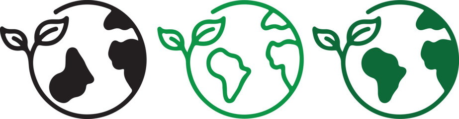 Eco Earth Icons with Leaf Motifs. Sustainable Globe Vector Set for Environmental Awareness, Green Initiatives, and Earth Day Campaigns