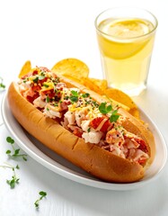 A close-up shot of a gourmet lobster roll overflowing with tender meat, alongside golden potato chips and a refreshing drink with lemon