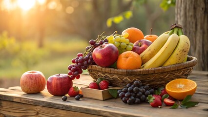Abundant harvest of fresh fruit in wooden basket outdoors on rustic table during sunset