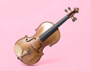 Obraz premium A classical stringed instrument, angled against a plain pink background, showcasing its wood grain and intricate details