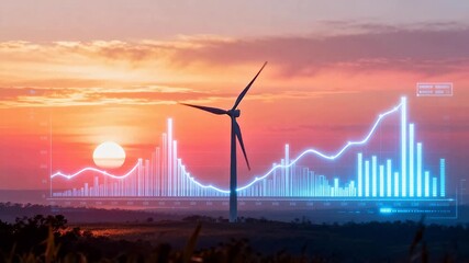 Wind turbine with sunset and data graph - Powered by Adobe