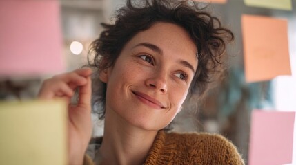 Close-up portrait of a young woman with curly hair. she is looking up at the camera with a slight smile on her face.