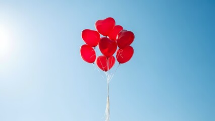 Cluster of red heart balloons flying in the sky