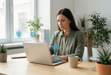 Serious female employee reviewing online safety data breach insurance coverage protection policy on laptop while working at office workplace desk