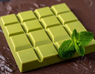 A close-up shot of a green chocolate bar, divided into squares, atop a dark chocolate spread, accented by fresh mint