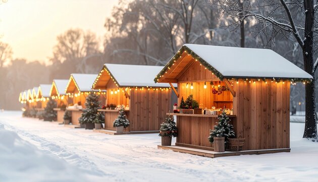 Blank Wooden Christmas Market Stalls in Snow with Clean Composition and Elegant Holiday Vibe