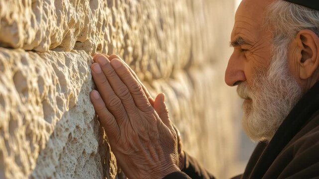 An elderly Jewish man praying at the Western Wall in Jerusalem. Close-up of a senior with a white beard touching the holy stones. Faith and spirituality concept