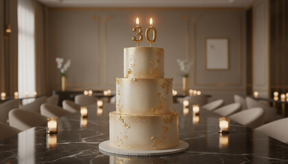 An elegant three-tier birthday cake with golden number candles stands in a softly lit modern interior, surrounded by candles, creating a refined milestone celebration atmosphere.