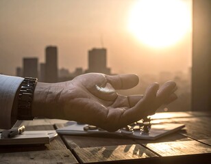 A close-up shot of a hand, palm up, bathed in warm sunlight. Silhouetted city in the background. Wooden table