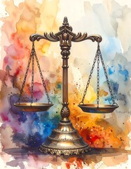 A classical symbol of justice balances scales against a watercolor background of blended vibrant hues. A sense of balance