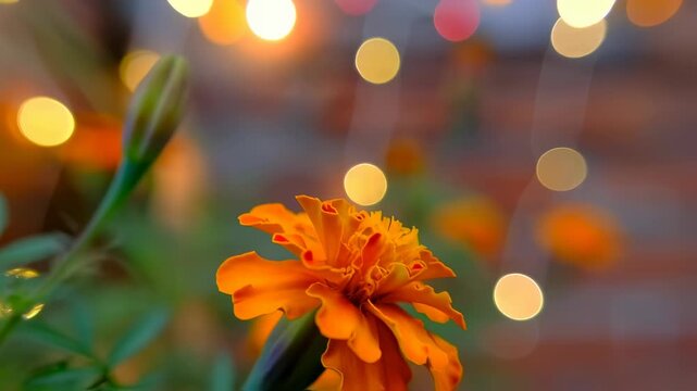 Opening Orange Marigold With Bokeh Lights