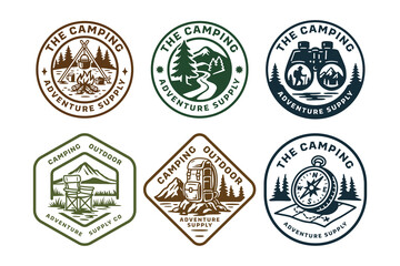 Mountain peaks, Pine trees, Cooking, Camping, Campfire, Backpack, Compass, Mapping, Folding chair badge vector illustration template graphic design collection for adventure and outdoor merchandise