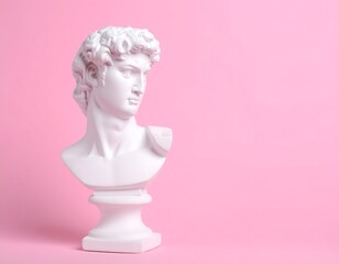 A classical white bust of a man with curly hair and a stern expression against a vibrant pink backdrop