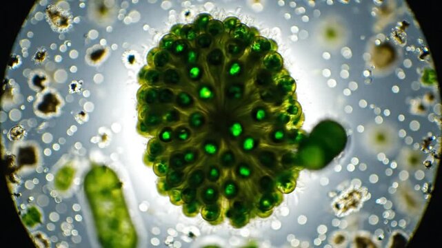 Microscopic view of a Volvox colony and other microorganisms in a water sample showcasing vibrant green algae