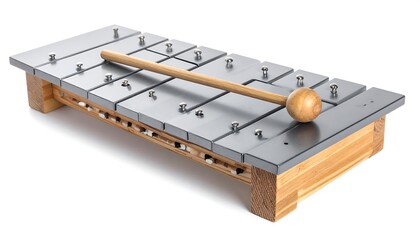A close-up, studio shot of a xylophone-like instrument, light wood frame, silver metal bars, wooden mallet resting across