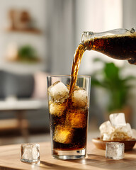 Indoor close-up of refreshing cold drink pouring into glass modern photography