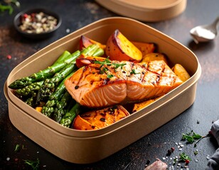 A close-up shot of a healthy meal in a takeaway box grilled salmon, roasted sweet potatoes, and asparagus