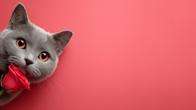 Graue BKH Katze schaut neugierig um Ecke vor rosa Hintergrund mit roter Rose, Valentin Gru&szlig;karte